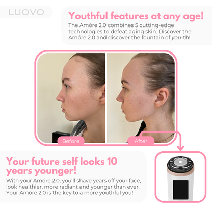 Look a decade younger with the Luovo Amore 2.0 anti-aging cosmetic device. 5 Cutting edge cosmetic treatments to defeat aging-skin and get rid of wrinkles, lines, sagging and discolouration of the face. More radiant looks and a more youthful you.