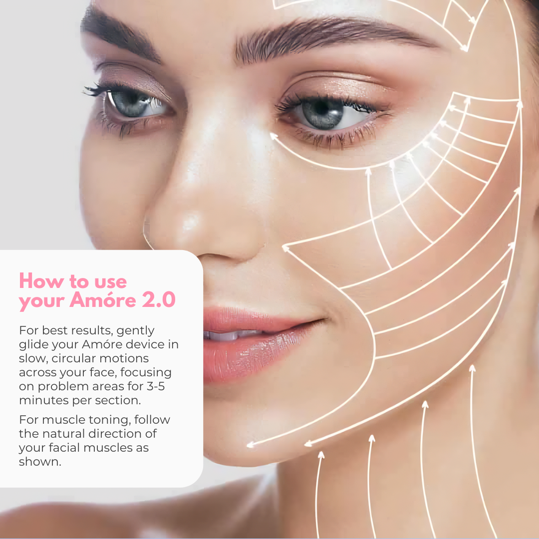 How to use your Luovo Amore 2.0 anti-aging cosmetic skincare device? Gently glide in slow circular motions across your face, focusing on problem areas for longest. To sculpt and tone facial muscles glide along natural direction of facial muscles.