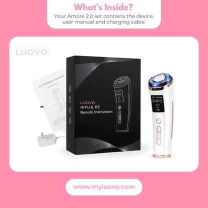 What's Inside The Luovo Amore 2.0 At Home Anti-Aging Cosmetic Skincare Device Set? Set Includes The Luovo Amore 2.0 device, user manual and charging cable. Luxury packaging and sublime unboxing experience for youthful glow and de-aged anti-aging looks forever.
