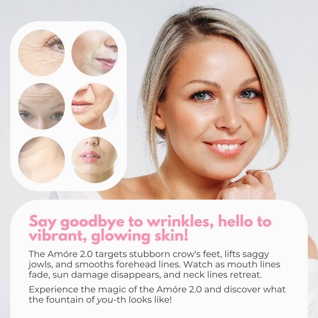 Say goodbye to wrinkles, hello to vibrant, glowing skin! The Luovo Amore 2.0 anti-aging cosmetic therapeutic targets stubborn crow's feet, lifts saggy jowls, and smooths fine lines. Get rid of mouth lines, sun damage and neck lines in minutes!